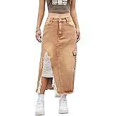 AprPith Womens Casual High Waisted Denim Midi Skirt Slit Frayed Raw Hem Cargo Jean Skirts with Pockets