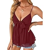 LYANER Women's Sexy Deep V Neck Spaghetti Strap Tie Front Sleeveless Peplum Cami Top