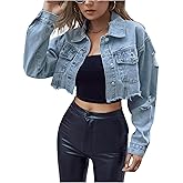 WDIRARA Women's Button Front Drop Shoulder Crop Denim Jackets Collar Long Sleeve Jean Jacket with Pockets