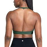 QUEENIEKE Halter Neck Sports Bra for Women, Yoga Crop Top with Removable Pads, Open Back V Neck Bra Light Support