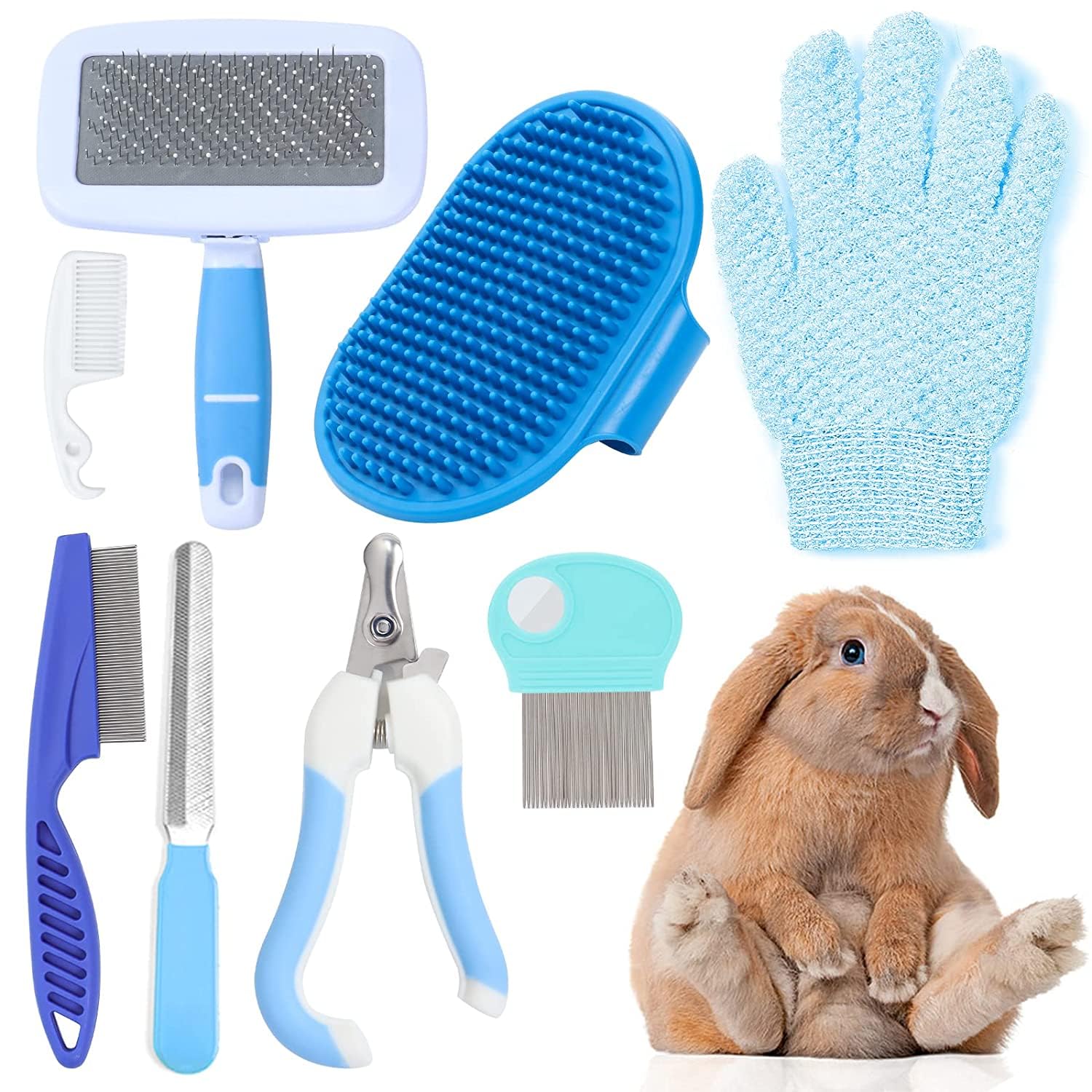 MIAOZ Rabbit Care Set with Nail Clippers and Pet Trimmer Long and File Flea Comb Shampoo Bath Brush for Rabbits Puppies Kittens Guinea Pigs