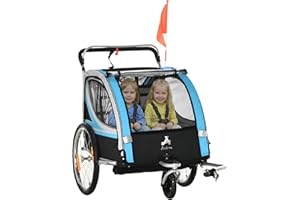 Aosom 2 Seat Bike Trailer for Kids 2-in-1 Double Baby Stroller with Handbrake, Rubber Wheels, 5 Point Harness, Waterproof Cov