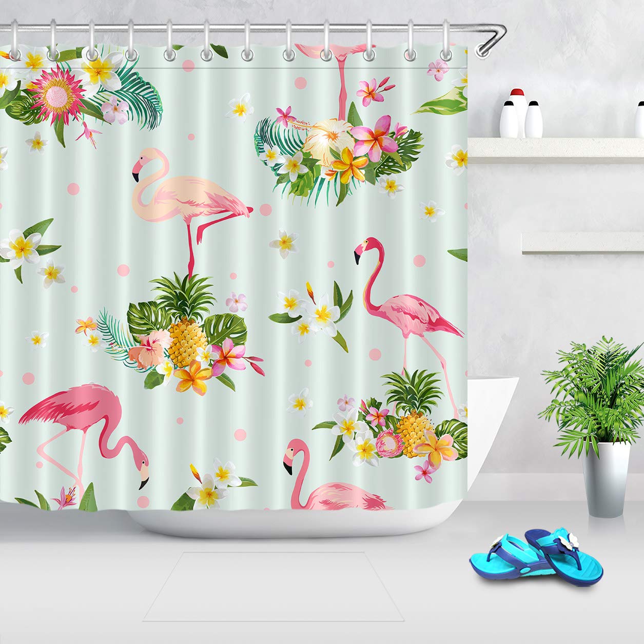 Flamingo Shower Curtain Decor,Flamingo Pineapple Cactus Palm Leaves Decoration,Polyester Fabric ...