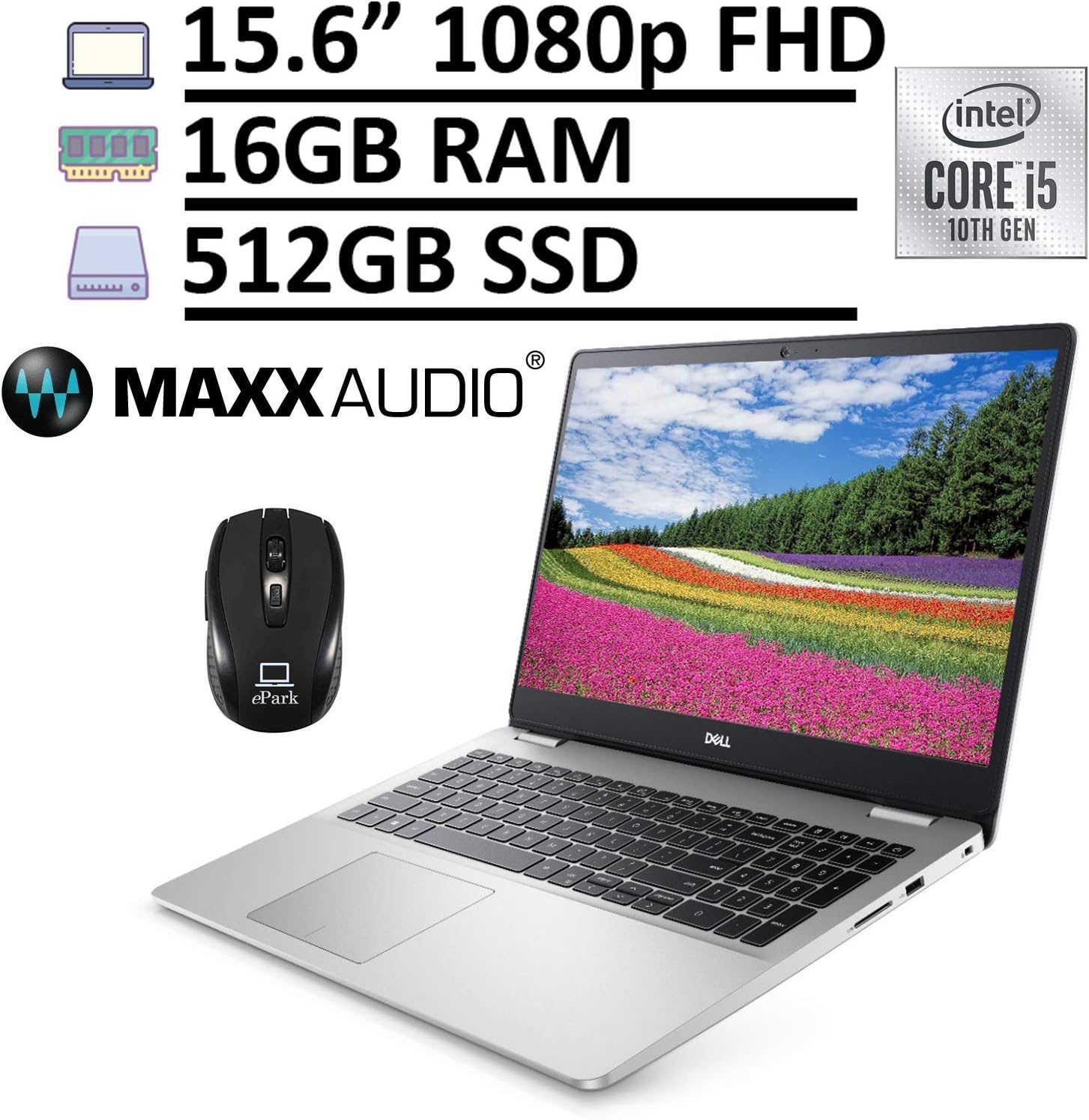 2020 Dell Inspiron 15 5000 5594 Laptop, 15.6" FHD Anti-Glare, 10th Gen Intel Core i5-10210U (Beats i7-7567U) 16GB RAM 512GB SSD, MaxxAudio Pro Backlit Keyboard Win 10 + ePark Wireless Mouse