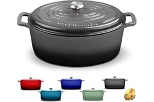 ROSSALLINI Signature Enameled Cast Iron Oval Dutch Oven | Non-Stick Serving Pot with Tight Fitting Lid for Perfect Roasting, 