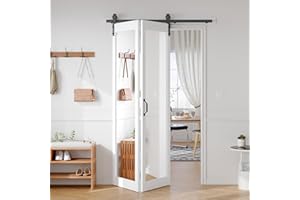 FREDBECK Bifold Barn Door 48x84 (Double 24x84) with 1 Lites Mirror,Bi-fold Closet Doors Hardware Kit Included,52" Track for 2 Doors, PVC, White,for Living Room, Bathrooms, Kicthen