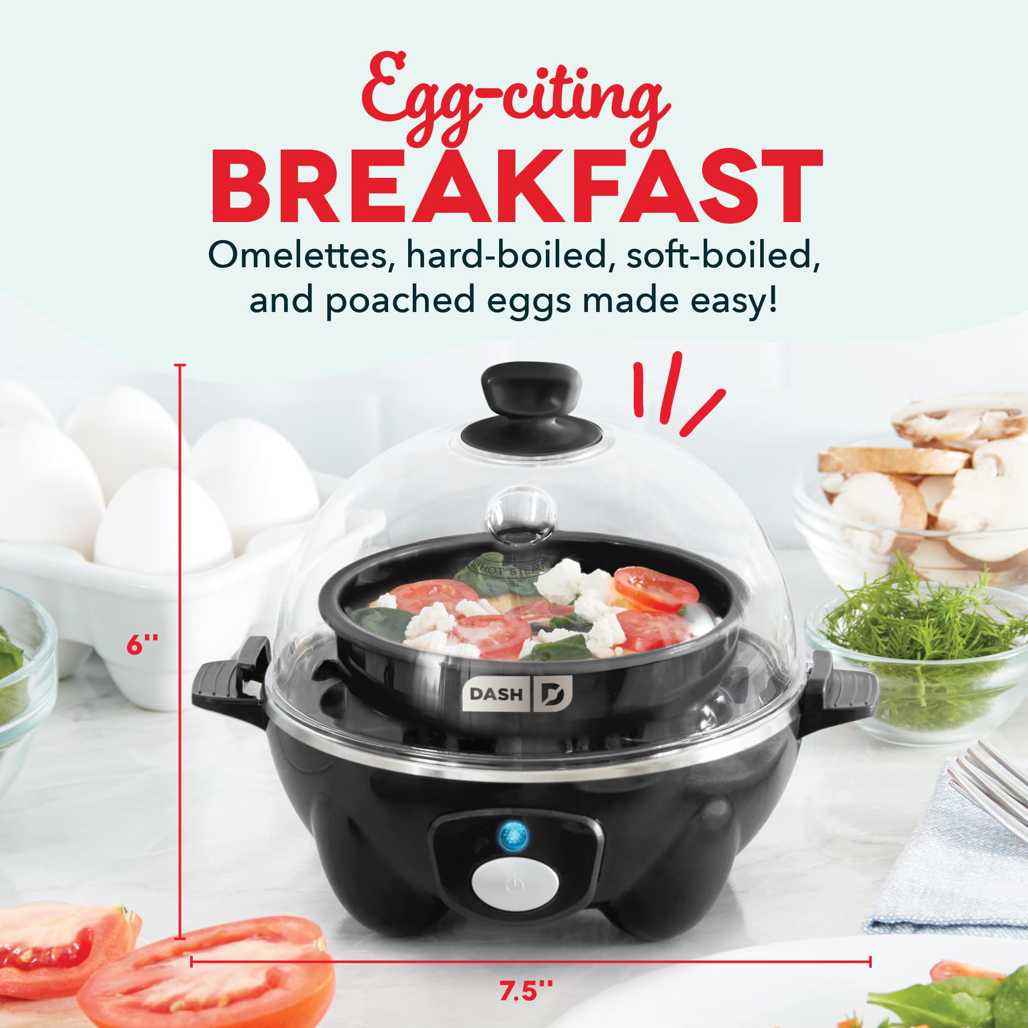 DASH Rapid Egg Cooker: 7 Egg Capacity Electric Egg Cooker for Hard Boiled Eggs, Poached Eggs, Scrambled Eggs, or Omelets with Auto Shut Off Feature - Black'
