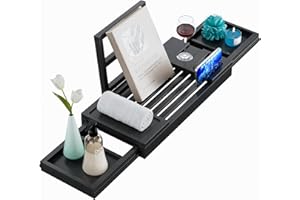 Yirilan Bamboo Bathtub Tray, Expandable Bathroom Tray, Waterproof Tray Caddy, Perfect Bath Caddy for Home Spa, Gift for Loved Ones, Black