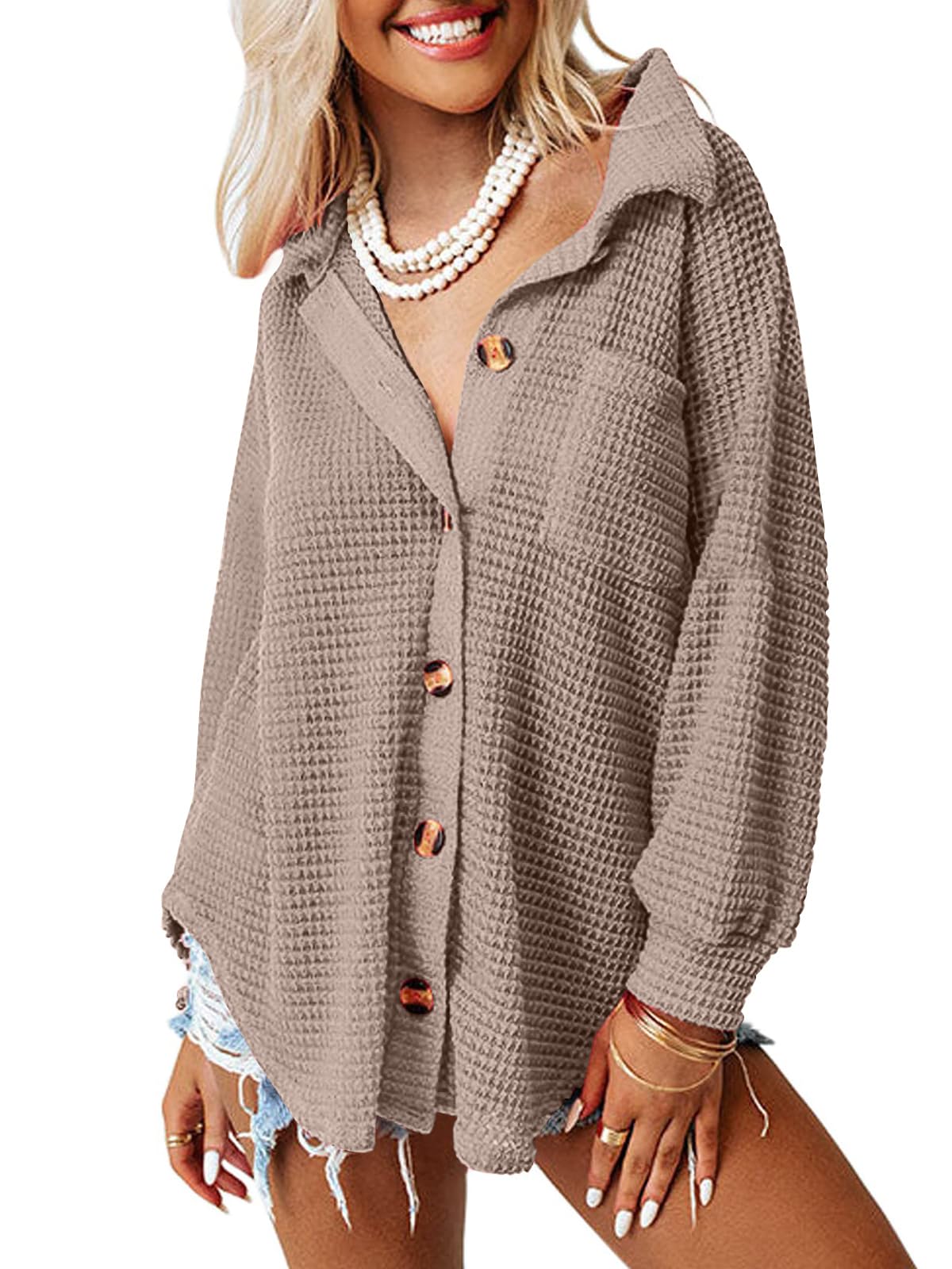 Womens Shackets Waffle Knit Casual Jackets Button Down Flannel Shirts Trendy Tops Fall Clothes 2024 Fashion Outfits