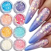 8 Colors Iridescent Glitter Nail Art Sequins – Candy Illusion Colors Sparkly Nail Flakes, Holographic Ultra-Thin Hexagon Powder for Acrylic Nails, 3D Nail Art Accessories for Women Manicure Decor