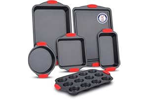BAKKENMASTER Baking Set – 6 Piece Kitchen Oven Bakeware Set – Deluxe Non-Stick Black Coating Inside and Outside – Carbon Steel – Red Silicone Handles – PFOA PFOS and PTFE Free by Bakken
