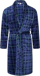 Adore Home Mens Soft Flannel Fleece Bathrobe Shawl Blue Check L-XL