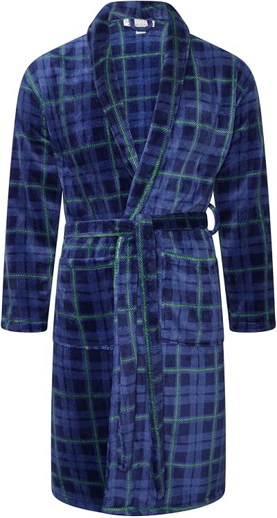 Adore Home Mens Soft Flannel Fleece Bathrobe Shawl Blue Check L-XL