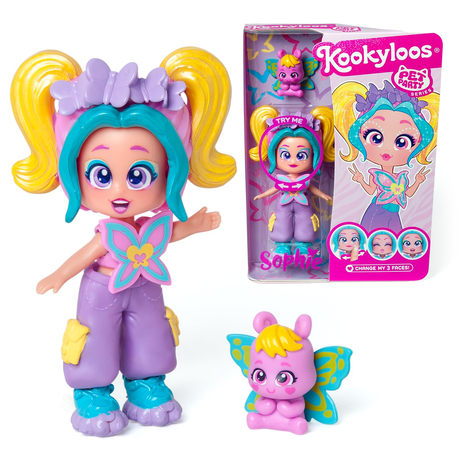 KOOKYLOOS Pet Party Sophie Doll with Butterfly Pet. Includes Sophie, Fashionable Outfit, Shoes, Accessory. 3 Different Faces!