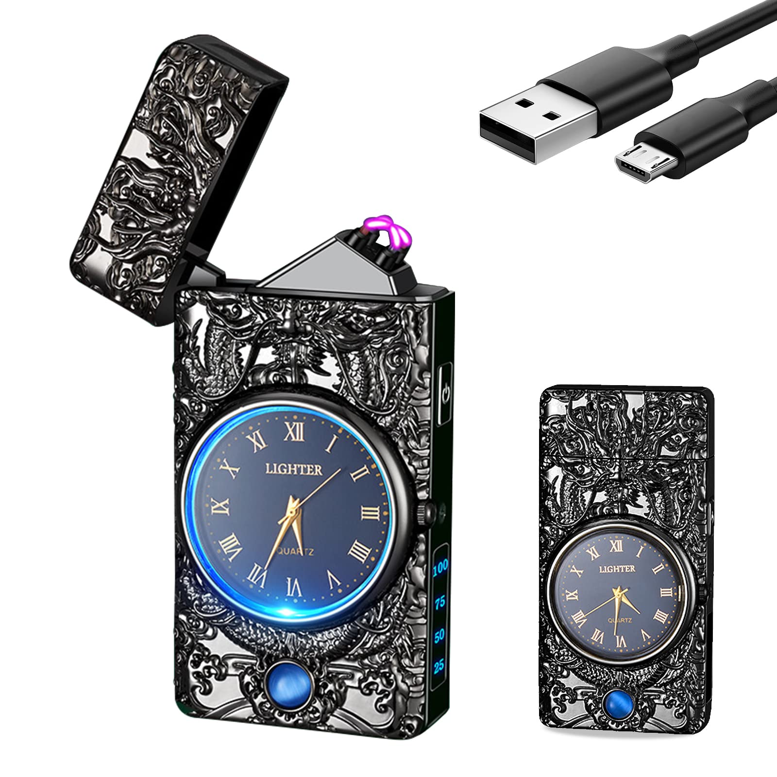 Photo 1 of YOZWOO Electric Lighter Plasma Arc Lighter Rechargeable USB Lighters Windproof Flameless Dragon Clock Lighters with LED Lighting Gift for Boy and Girl(Black)
