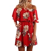 KBOOK Women's Off Shoulder Floral Print Cute Vacation Boho Short Sleeve Casual Mini Party Dress with Belt
