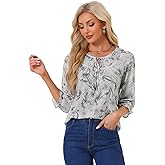 Allegra K Women's Bow Tops Vintage Tie Neck 3/4 Sleeve Floral Blouse