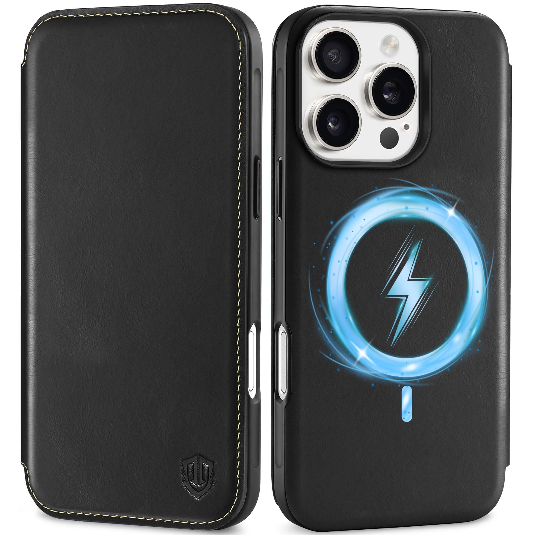 SHIELDON Case for iPhone 16 Pro 6.3" 2024, Genuine Leather Wallet Slim Folio [3 Card Slots][RFID Blocking] Shockproof Magnetic Wireless Charging Cover Compatible with iPhone 16 Pro - Retro Black