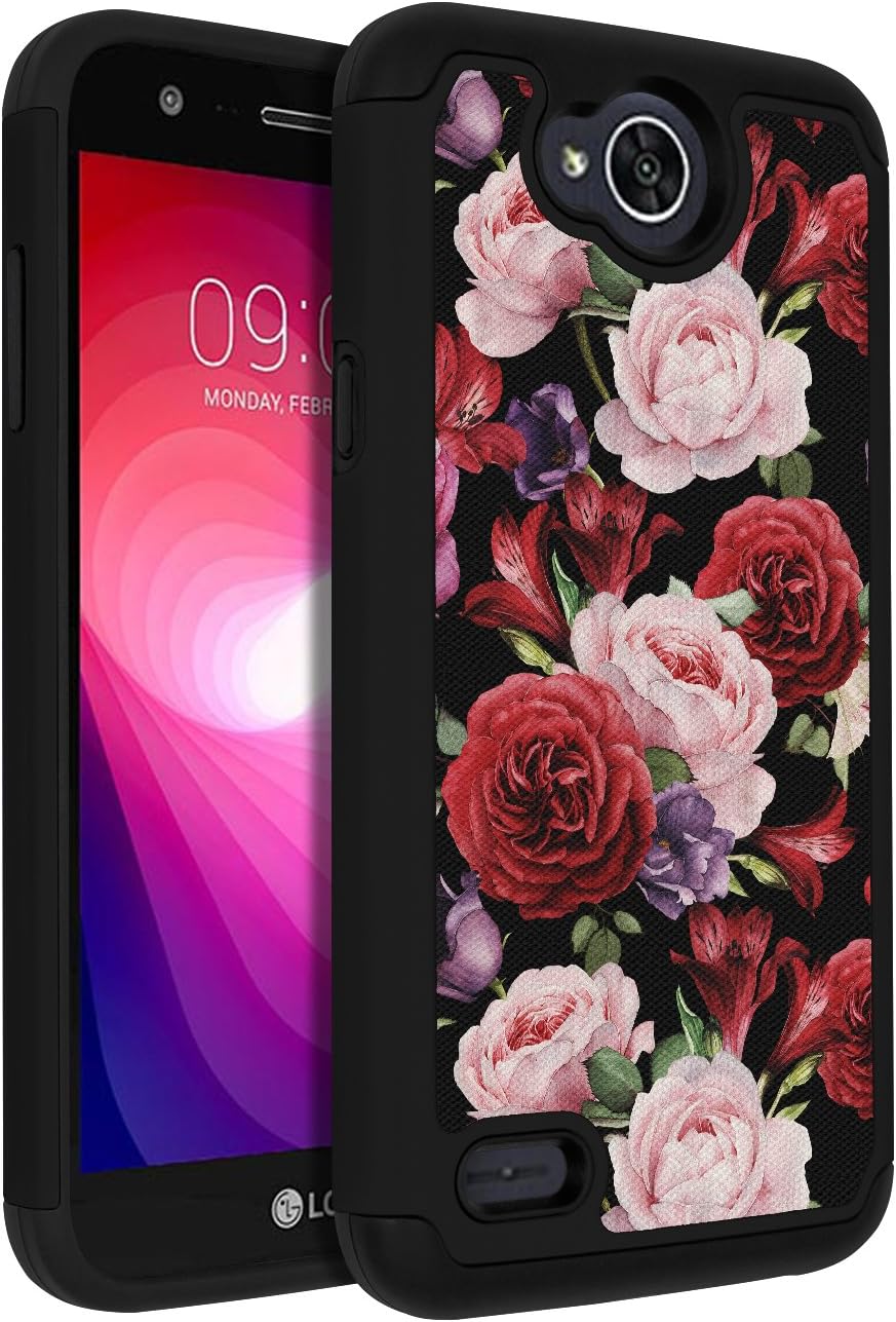 LG Fiesta LTE Case, LG Fiesta 2 Phone Case, LG X Charge Case, ANLI Drop Protection Hybrid Dual Layer Armor Protective Case Cover for Girls and Women Flowers Black