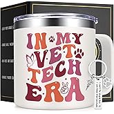 Lifecapido Vet Tech Gifts, In My Vet Tech Era 14 Oz Insulated Coffee Mug with Keychain, Veterinary Technician Appreciation Week Gifts for Friends Women Men(Cream)