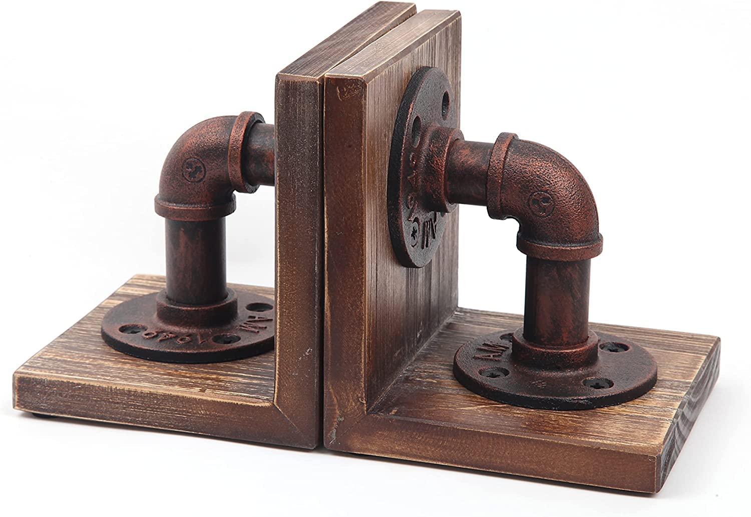LINKPIPES Buchstützen aus Holz, rustikale Industrie-Dekoration, robuste Buchstützen-Halterung für Bücher und Filme, 1 Paar (Rotbronze)