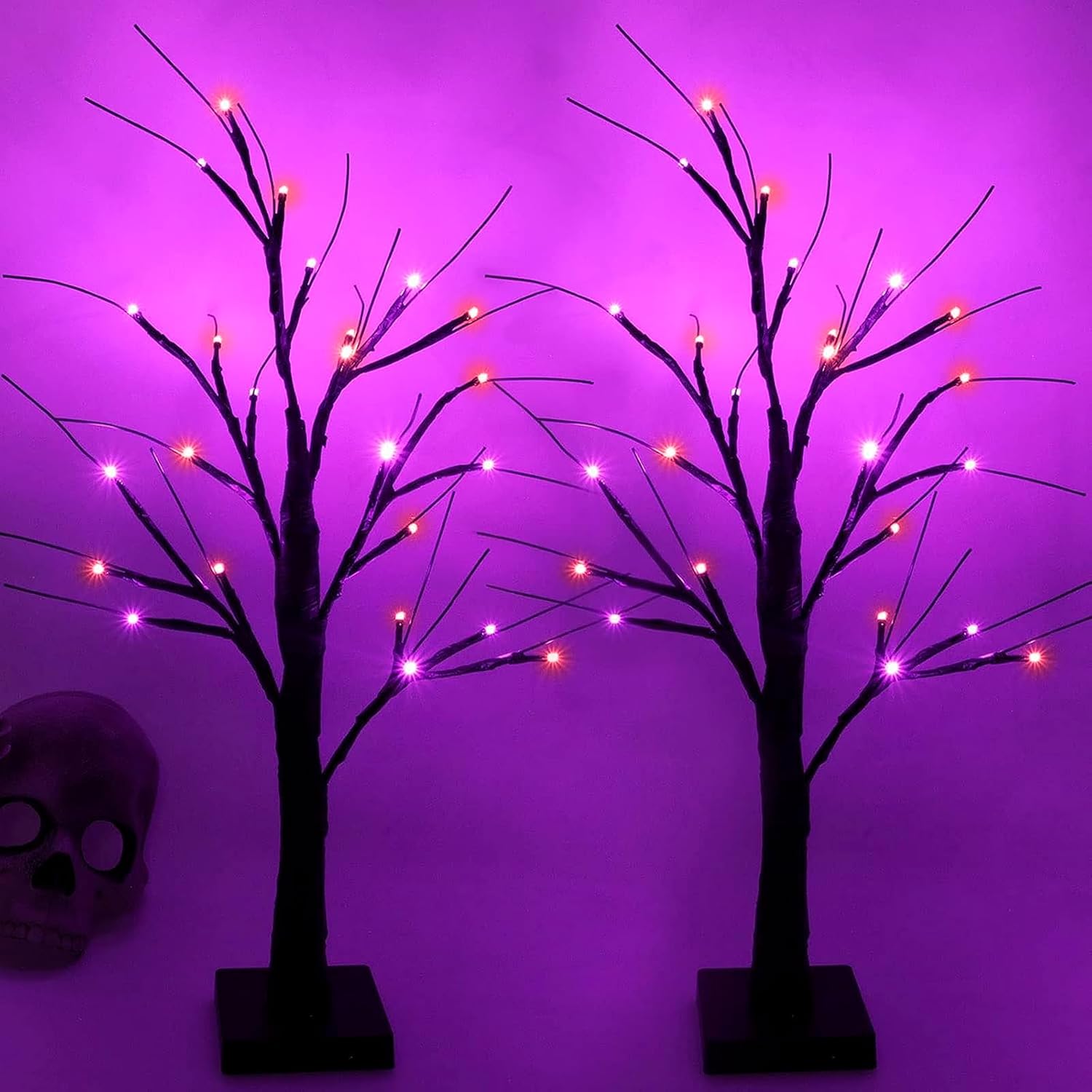 Trees - Halloween Decorations Indoor, 2-Pack 2FT Lighted Black Halloween Tree with 48 LED Orange & Purple Lights, Timer Function Battery Operated Halloween Trees Lights Spooky Tree for Tabletop Home Party