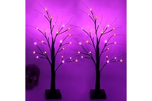 SANJICHA Halloween Decorations Indoor, 2-Pack 2FT Lighted Black Halloween Tree with 48 LED Orange & Purple Lights, Timer Function Battery Operated Halloween Trees Lights Spooky Tree for Tabletop Home Party