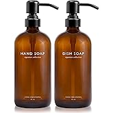 Vine Creations Amber Glass Soap Dispenser Set, Dish Soap and Hand Soap Dispenser Set with Stainless Steel Pump, 16 oz Glass Dispensers for Kitchen or Bathroom Decor (Amber Bottle/Matte Black Pump)