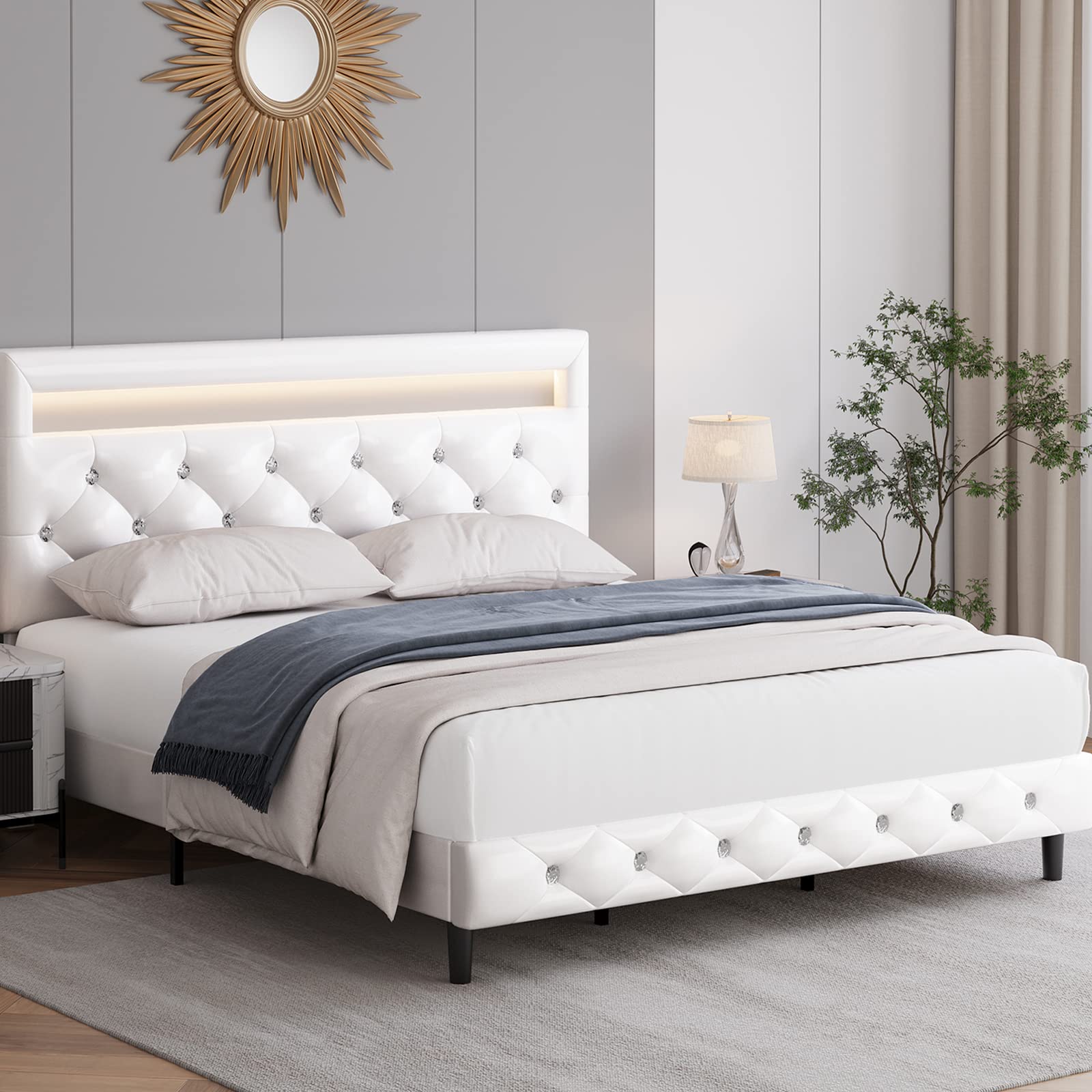 Keyluv Modern Upholstered Full Size Bed Frame with LED Lights, Faux Leather Low Profile Platform Bed Frame, Adjustable Crystal Button Tufted Headboard, Strong Wood Slat Support, Easy Assembly, White Image Keyluv Modern Upholstered Full Size Bed Frame with LED Lights, Faux Leather Low Profile Platform Bed Frame, Adjustable Crystal Button Tufted Headboard, Strong Wood Slat Support, Easy Assembly, White Image