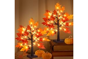 REMON 2Pack Artificial Fall Lighted Maple Tree - 1.5FT 36 LED Thanksgiving Decor Lights, Battery Operated Tabletop Lamp with 6 Acorns, 6-Hours Timer, for Wedding Party Indoor Outdoor Autumn Decor…