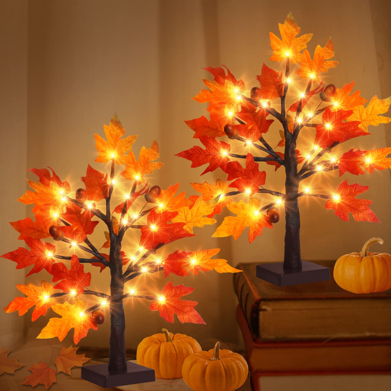 Photo 1 of 2Pack Artificial Fall Lighted Maple Tree - 1.5FT 36 LED Thanksgiving Decor Lights, Battery Operated Tabletop Lamp with 6 Acorns, 6-Hours Timer, for Wedding Party Indoor Outdoor Autumn Decor…