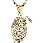 AsAlways Santa Muerte Necklace for Men Stainless Steel Gothic Grim Reaper Saint Death Sickle Skull Pendant Necklace Jewelry Gift