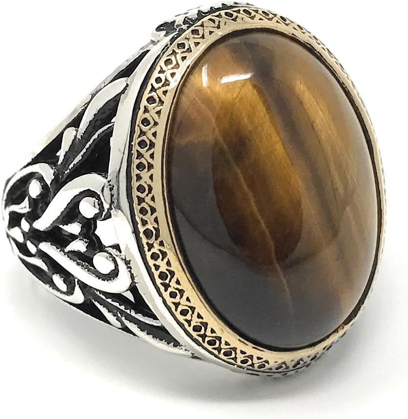 KAR 925K Stamped Sterling Silver Filigree Tiger's Eye Men's Ring I1H