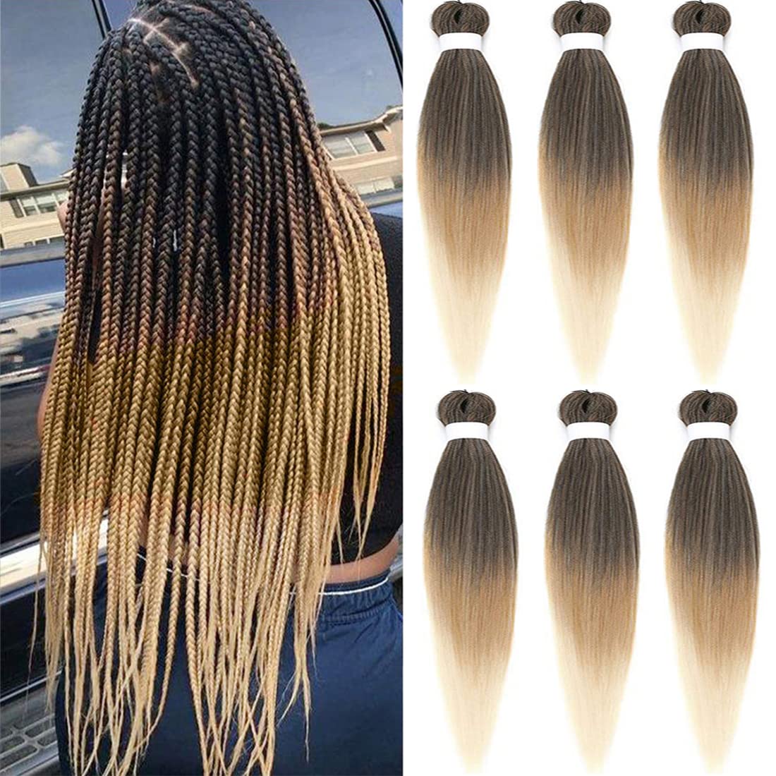 Pre-stretched Braiding Hair Easy Braid 6 Packs Professional Synthetic Fiber Crochet EZ Braids Yaki Texture Braiding Hair Extensions(1B/27/613,20 inch)