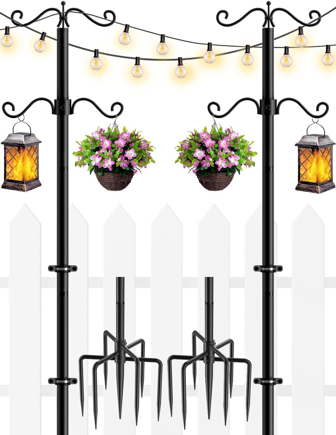 Outdoor Shepherd's Hooks - Helhom String Light Poles - 2 Pack Poles for Outdoor Adjustable String Lights 9ft Patio Lighting Stands Perfect for Backyard Deck Parties Wedding