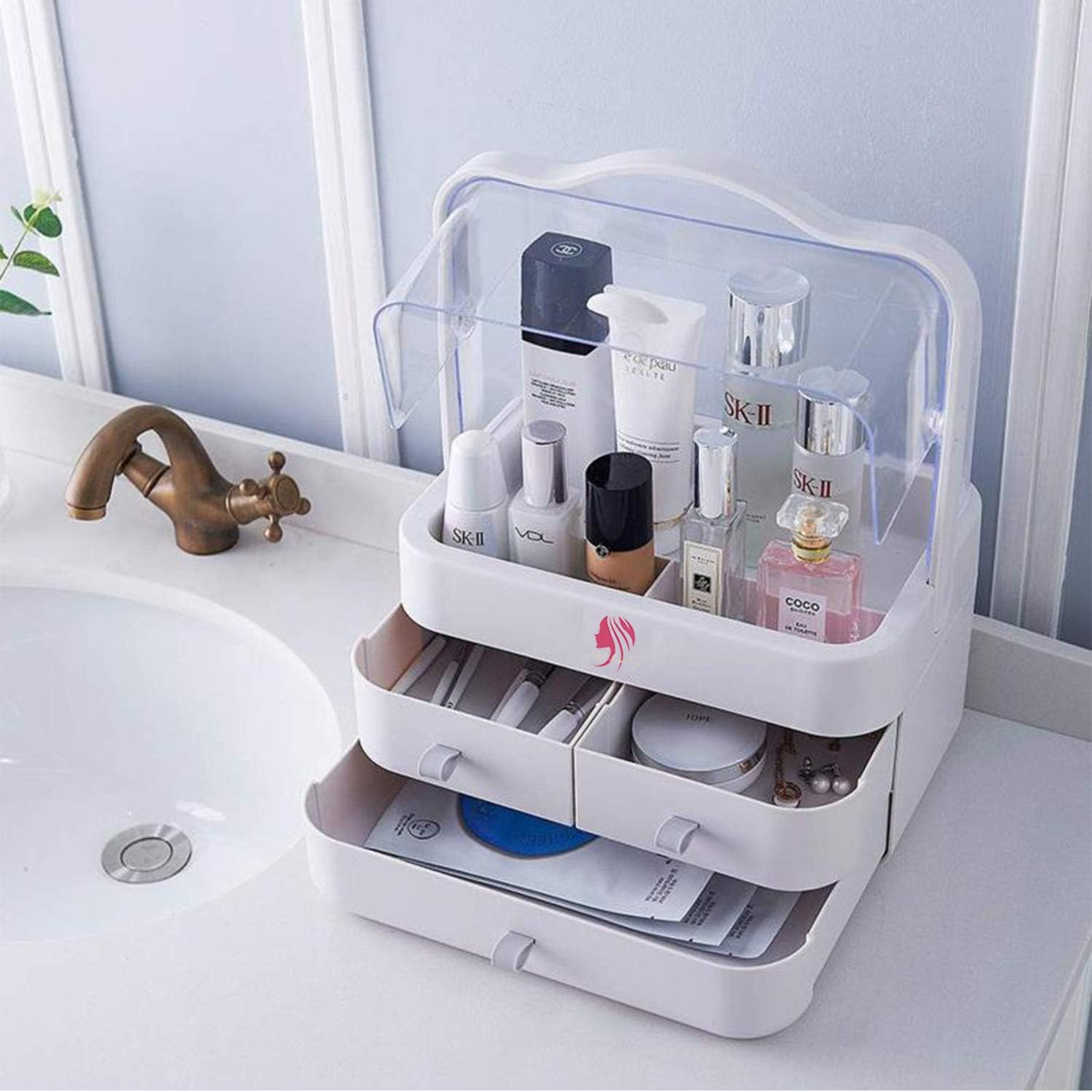 Clear Cosmetic Storage Organizer - Cosmetic Display Cases, Jewelry and Hair Accessories. Looks Elegant Sitting on Your Vanity, Bathroom Counter or Dresser. Clear Design for Easy Visibility (White): Home Improvement