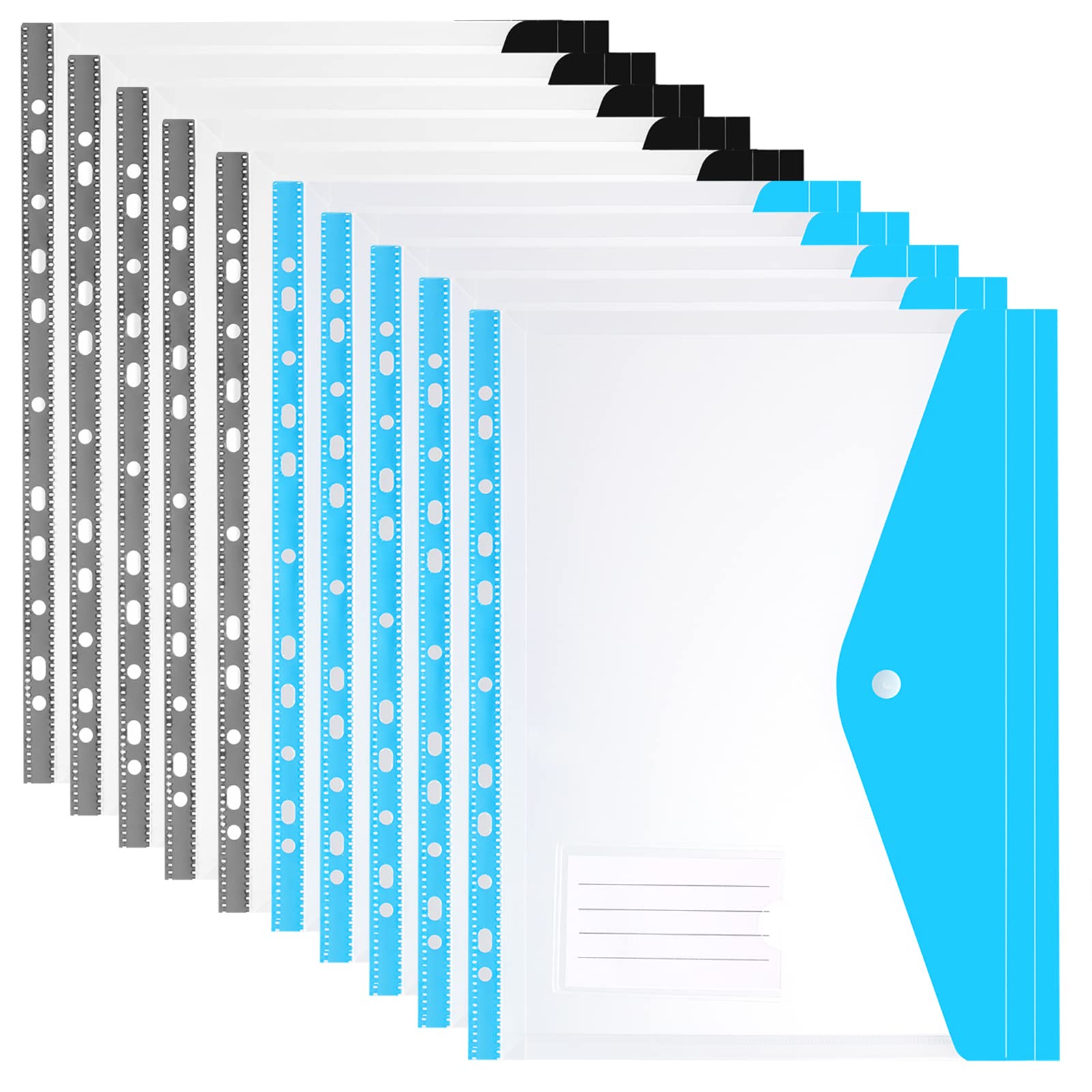 Ring Binder Punch Pocket, Clear Poly Envelope Pocket Binder A4 with Label Pocket and Snap Button Closure, 11 Holes Plastic Wallets for School and Office Supplies, Pack of 10