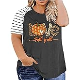 Plus Size Halloween Pumpkin T-Shirt Women Vintage Floral Pumpkin Graphic Tees Casual Short Sleeve Fall Tops Shirts