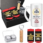 Reallnaive Gifts for Dad Men Spanish Father Birthday Valentine's Day Gift 16 oz Frosted Beer Mug Bottle Opener Beer Socks Stainless Steel Ice Block Keepsake Box for Best Dad, Husband from Daughter Son