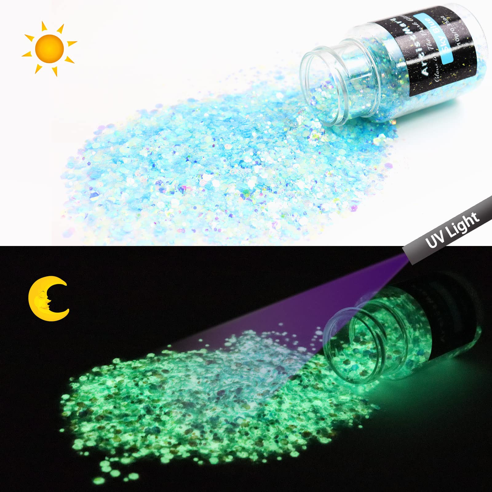 Glow in The Dark Glitter, 12 Colors Chunky Glitter for Tumblers, High Luminous Holographic Glitters for Resin Crafts Epoxy Slime, Cosmetic Grade Nail Glitter Set for Face Body Skin