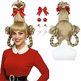Wiggy Mermaid Blonde Braided Wig with Red-bow Earrings for Women Christmas Cindy Wig with Accessories for Halloween Christmas Costume Party
