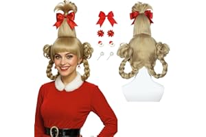 Wiggy Mermaid Blonde Braided Wig with Red-bow Earrings for Women Christmas Cindy Wig with Accessories for Halloween Christmas Costume Party