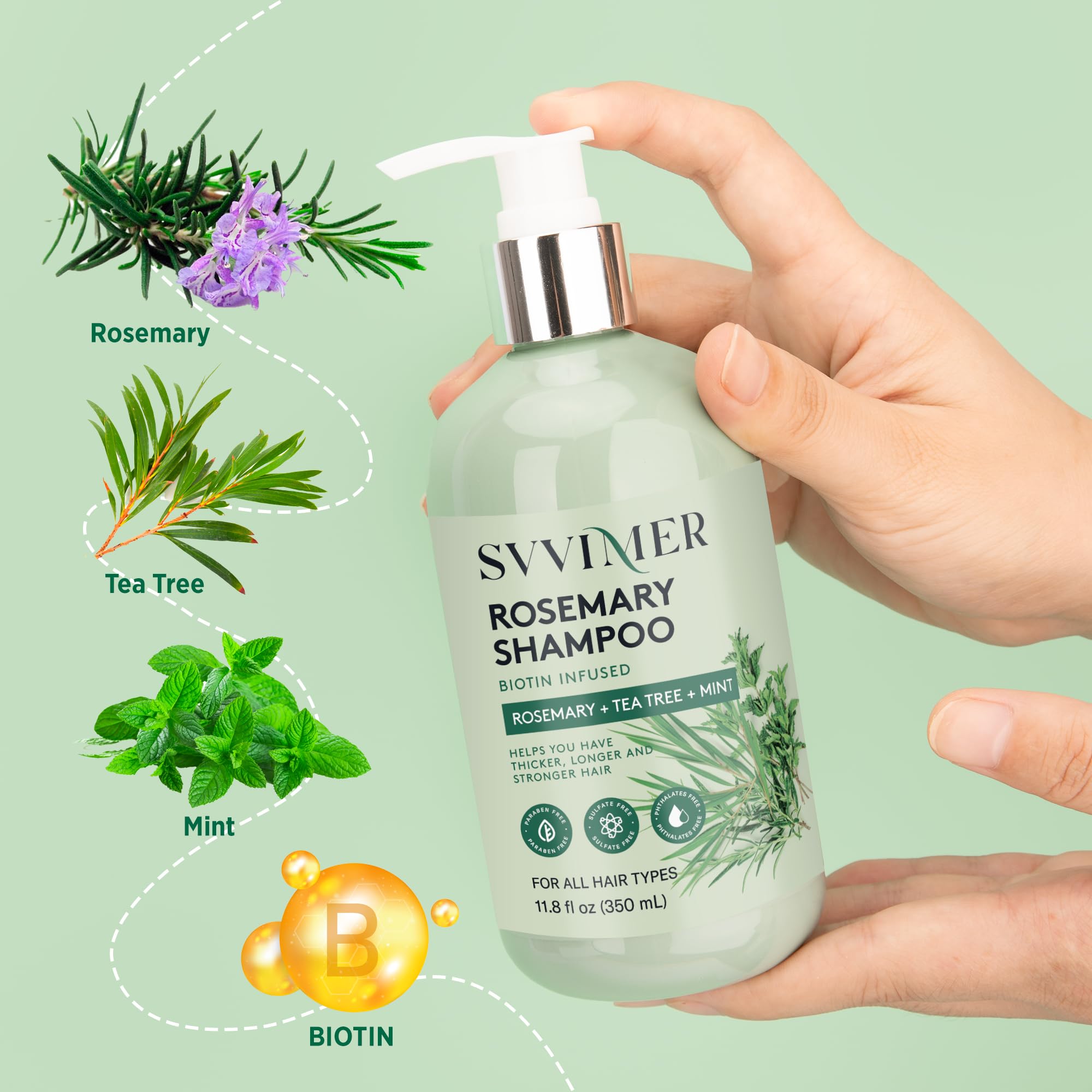 Svvimer Rosemary Hair Growth Shampoo: Thickening and Regrowth Formula for Men & Women - Rosemary Mint Strengthening Shampoo with Tea Tree Oil Biotin - For Thinning Hair and Hair Loss 11.8 fl.oz