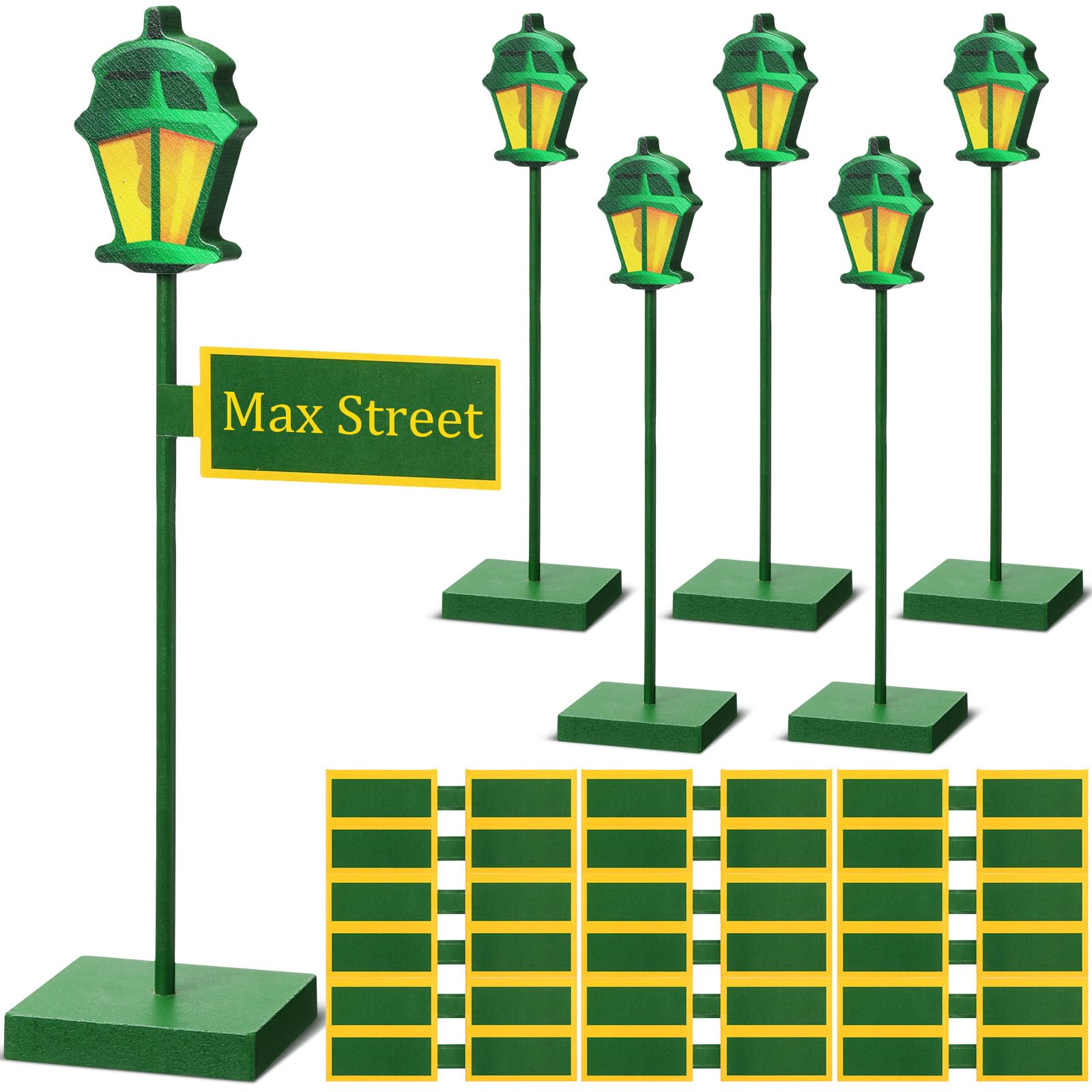 Photo 1 of Colingmill 6 Pcs Street Sign Lamp Post Centerpiece Wooden Lamp Post with Street Party Sign Sticker for Toy Decor Friend Birthday Party Supplies Decoration(Green)