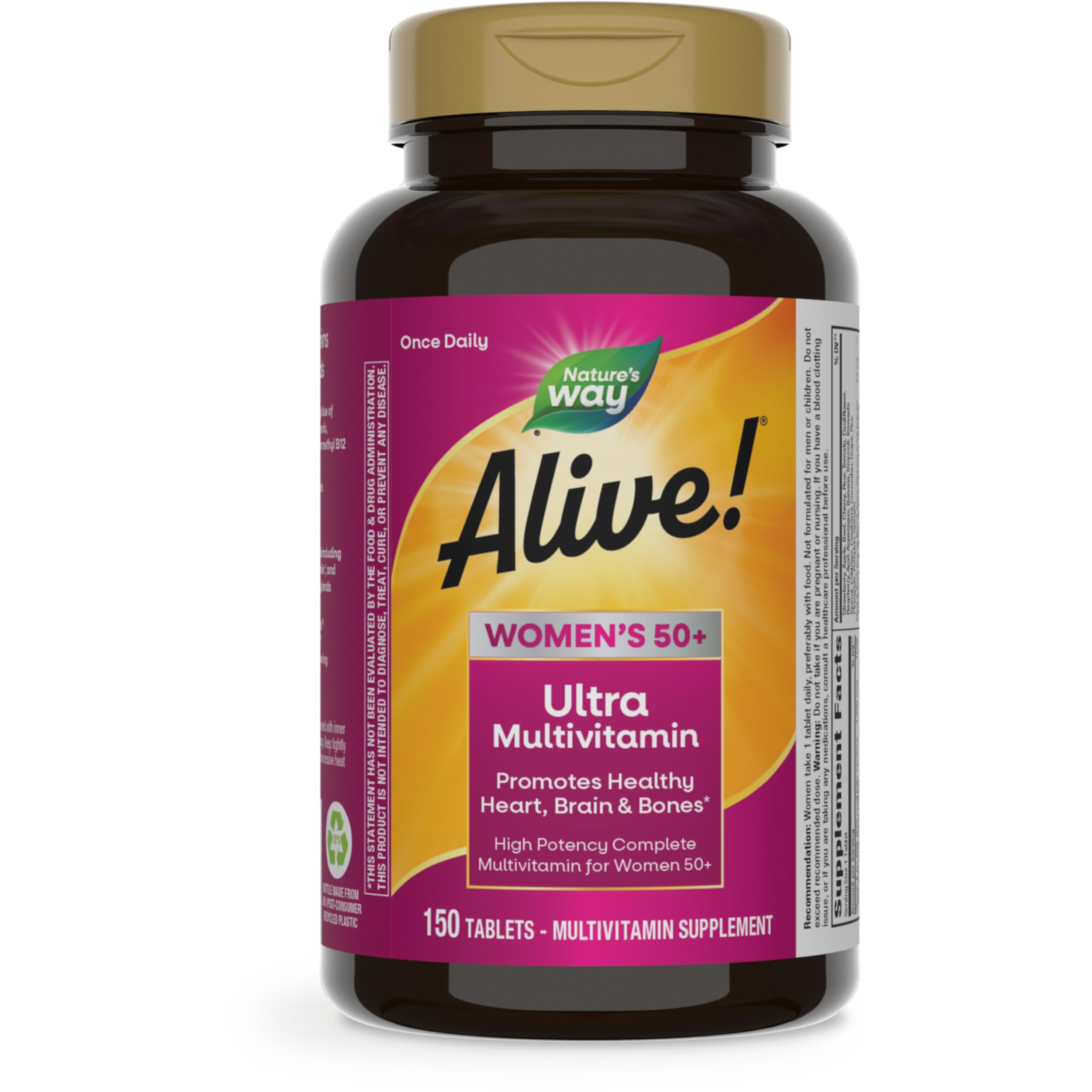 Nature’s Way Alive! Ultra Potency Multivitamin for Women 50 Plus, Complete High Potency Formula with Vitamin D3, C, E, Methylated B12, Supports, Heart, Brain, and Bone Health*, 150 Tablets Image
