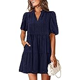 KIRUNDO Eyelet Summer Dresses for Women 2026 Mini Casual Hollow Out Short Sleeve Lace Tiered V Neck Shift Dress Pockets