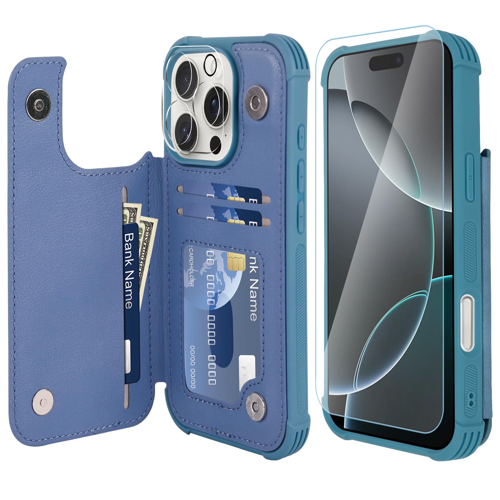 VANAVAGY Compatible for iPhone 16 Pro Max Wallet Casewith Credit Card Holder,Rfid Leather Flip Folio Phone Cover Fits Magnetic Car Mount and Stand with Screen Camera Protector,Blue