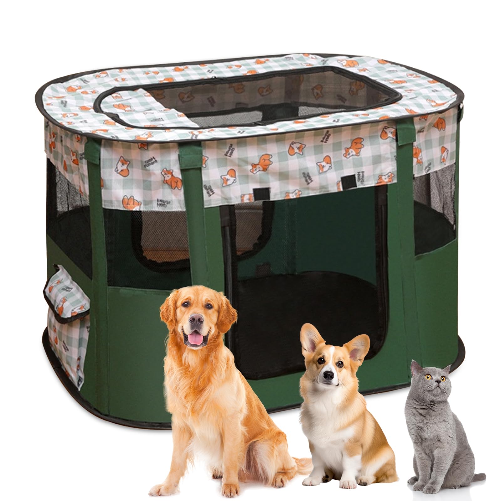 MeYuxg Foldable Dog Fences, Puppy Playpen, Portable Playpen for Puppies, Kittens, Rabbits, M (Dark Green)