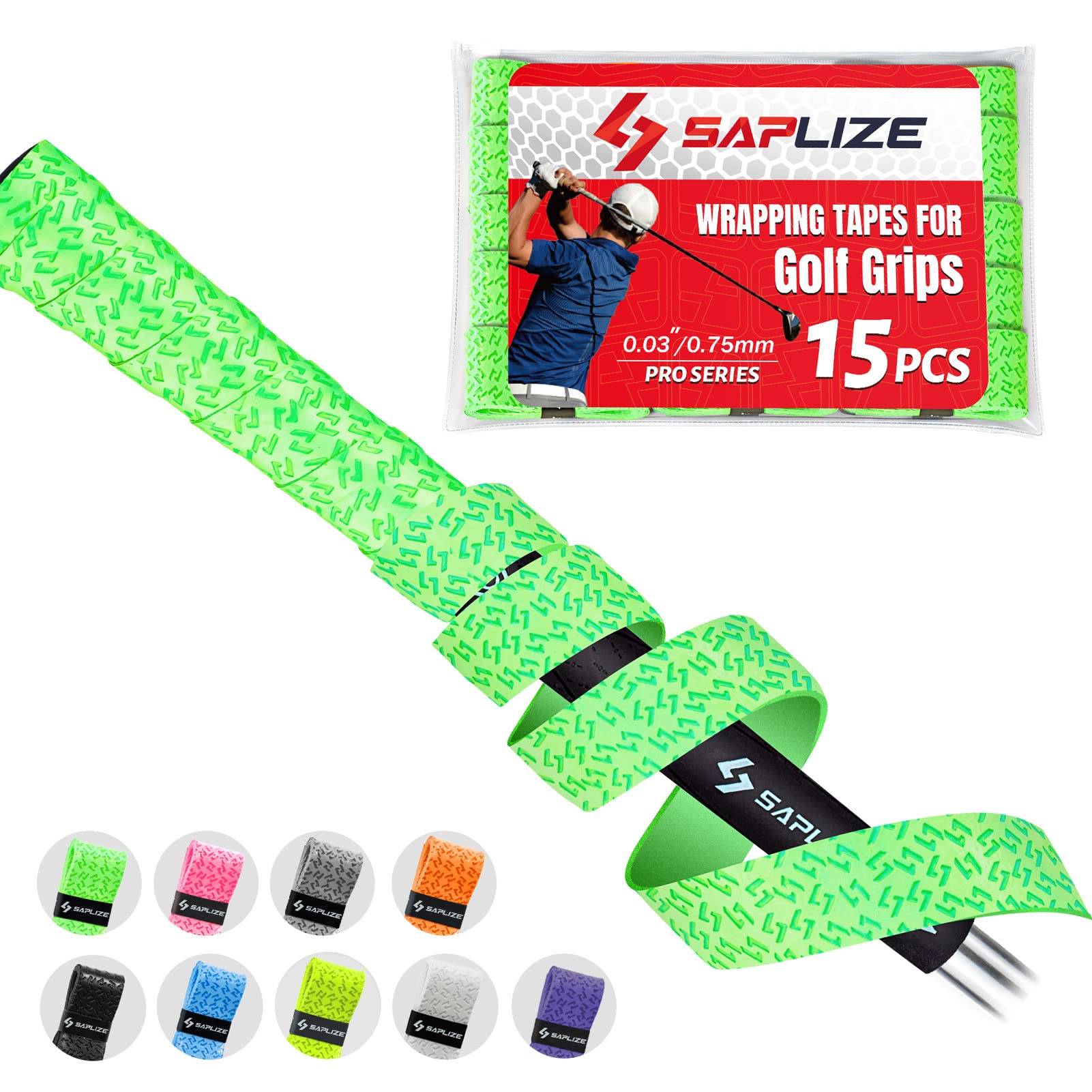 SAPLIZE Golf Grip Wrapping Tapes, 15-Pack Tacky PU Overgrip Tapes, New Regripping Solution for Golf Club Grips, Fluorescent Green