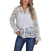 Binsvind Women‘s Lace Sheer Tops Ruffle Long Sleeve Button Down V-Neck Shirt Blouse for Women Boho Chic
